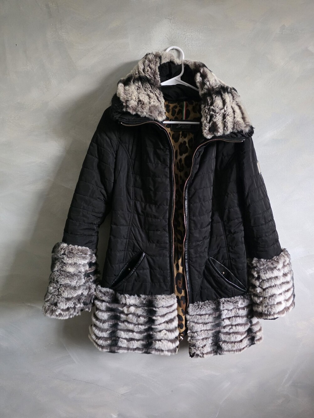 Gorski Apres-Ski Polyester Puffer Rex Rabbit Dyed Fur Trim Coat Sz S Flaw Zipper
